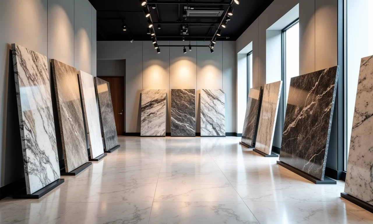 Showroom moderno com exposição de chapas de granito e quartzo em diversas cores e padrões.