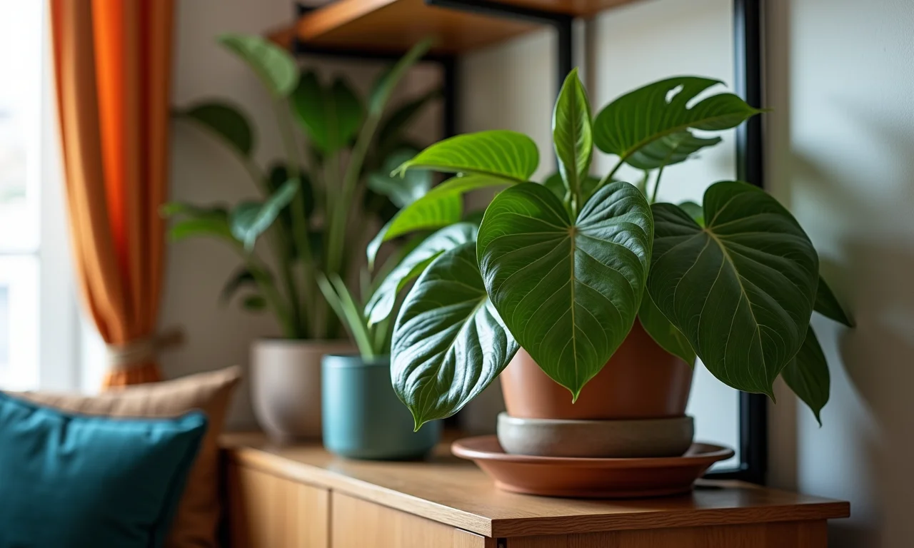 Singônio com folhas que mudam de cor em prateleira de apartamento.