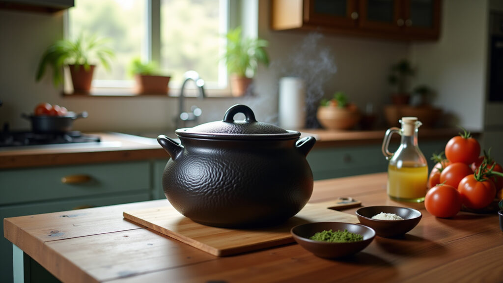 Small cauldron pot, kitchen counter, measuring ingredients, natural light, cozy Brazilian home, Panela caldeirão pequena sendo usada na cozinha.