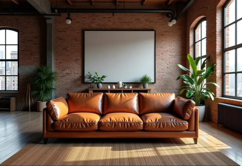 Sofá de couro em loft com decoração industrial