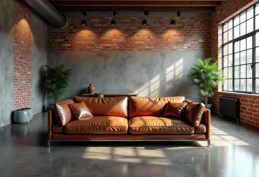 Sofá de couro em loft industrial com paredes de tijolo aparente