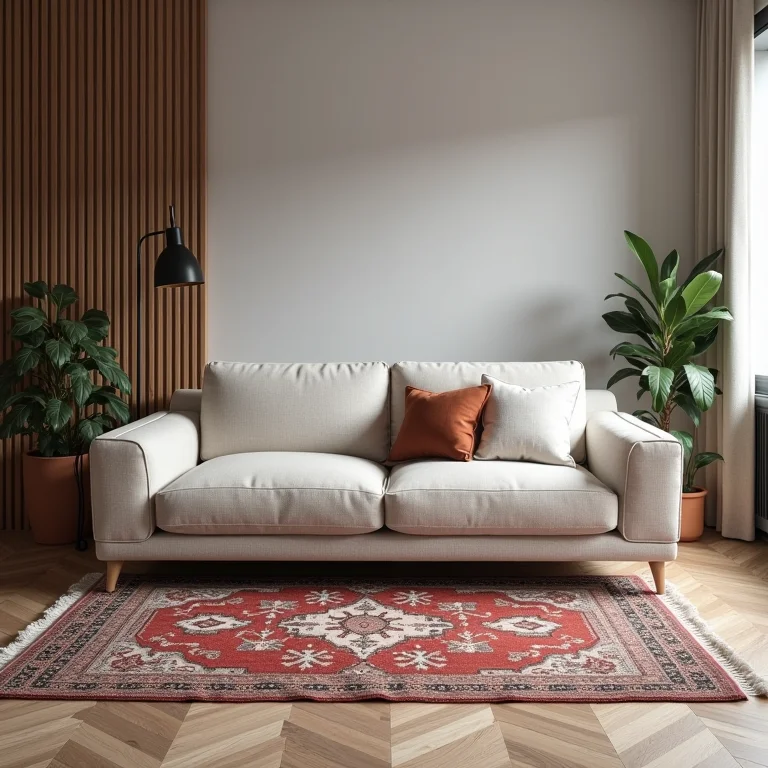 Sofá moderno destoando de um tapete tradicional.