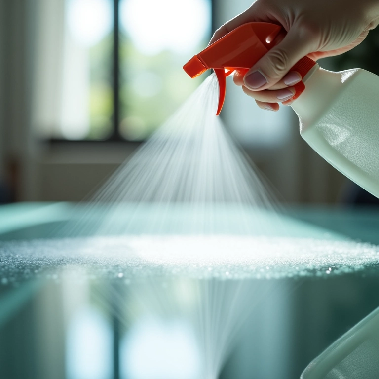 Spray de produto de limpeza específico para vidro sendo aplicado em mesa de jantar.