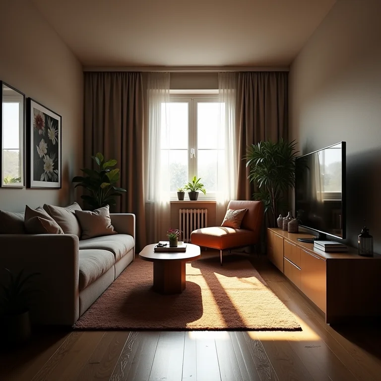 Studio com móveis grandes demais que prejudicam a circulação e a iluminação