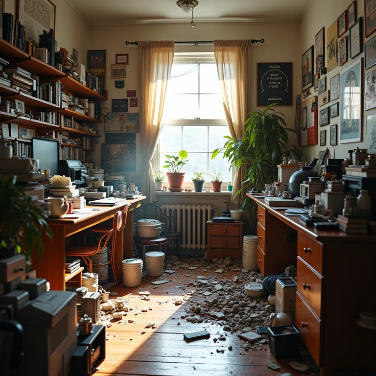 Studio entulhado de objetos desnecessários, criando um ambiente caótico