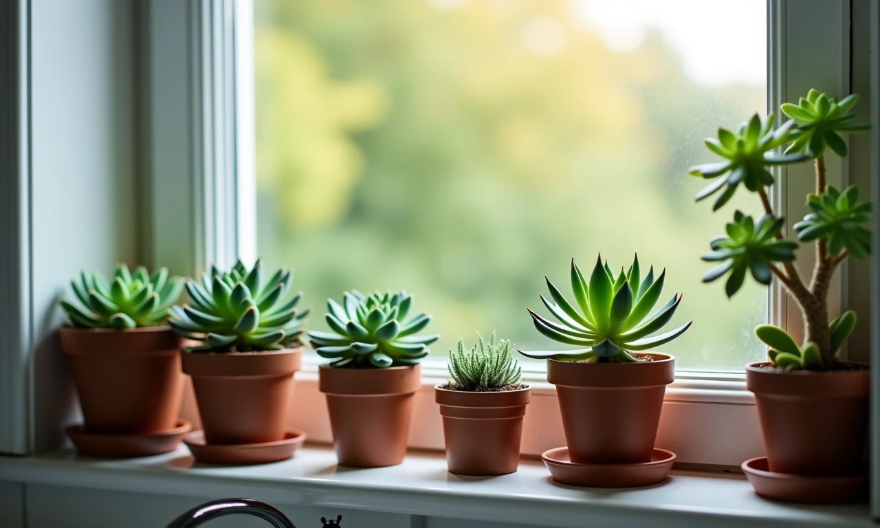 Suculentas exibidas em um parapeito de janela de banheiro.