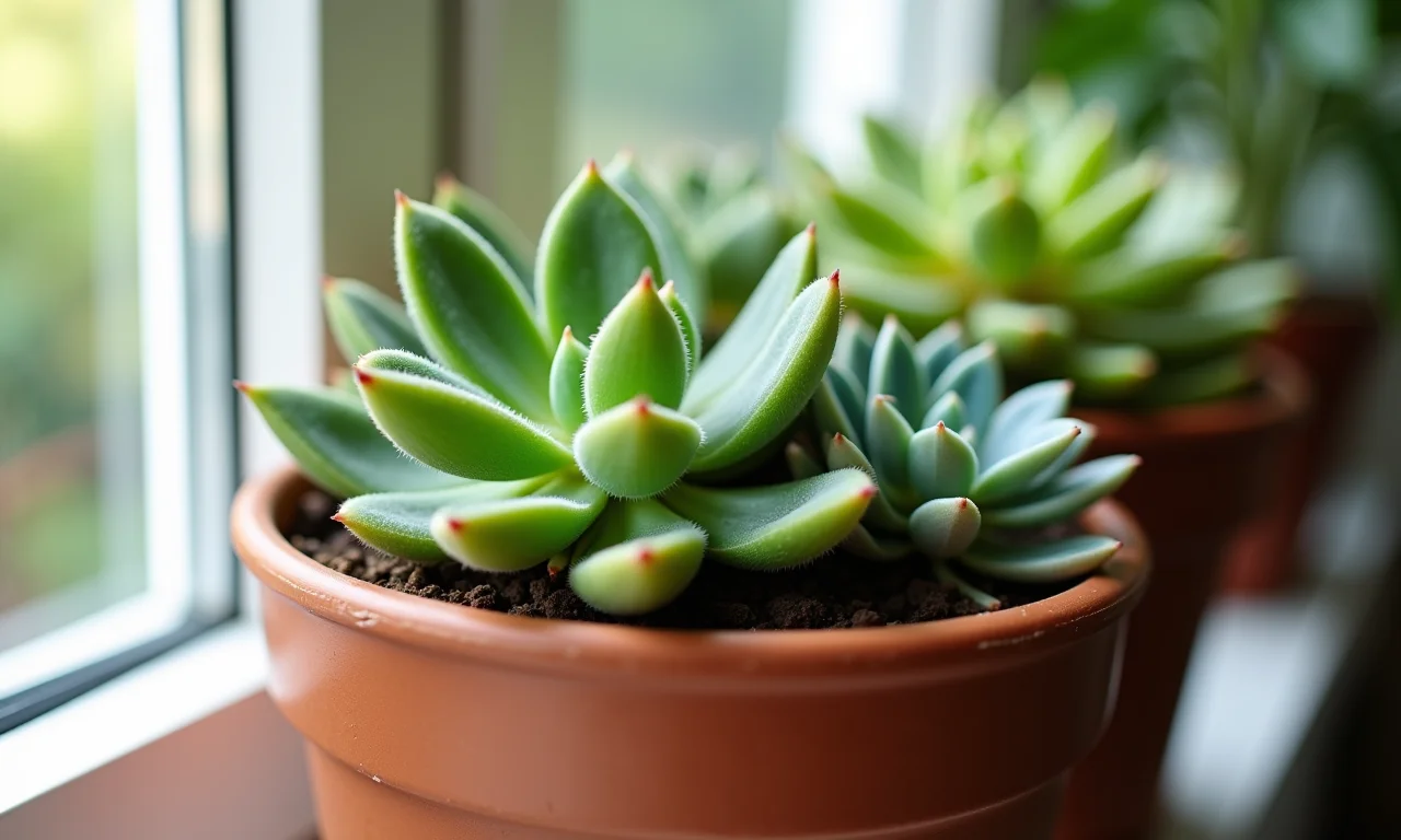 Suculentas variadas em vaso de barro na janela ensolarada.