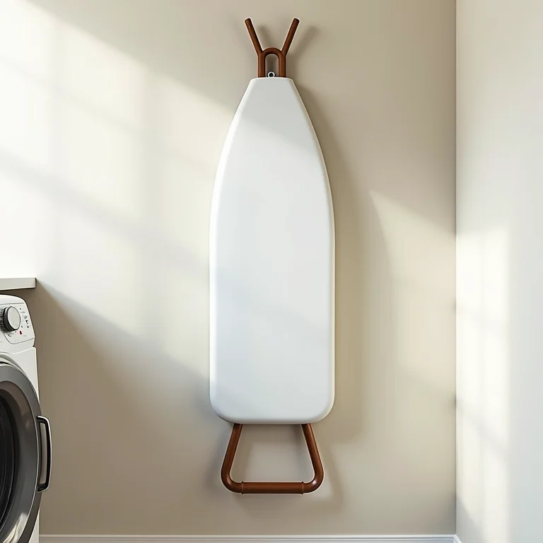 Tábua de passar roupa dobrável economizando espaço na lavanderia.