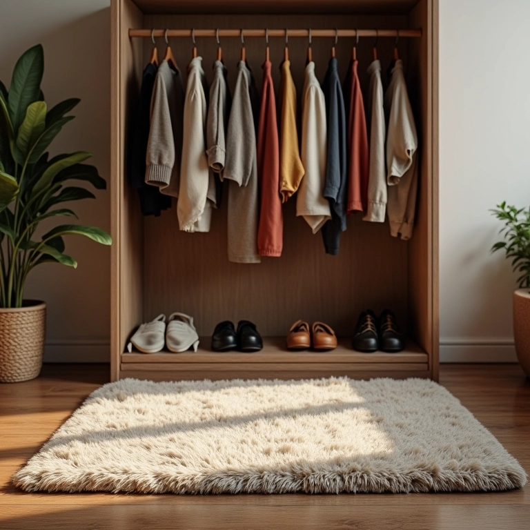 Tapete aconchegante em frente a arara de roupas.