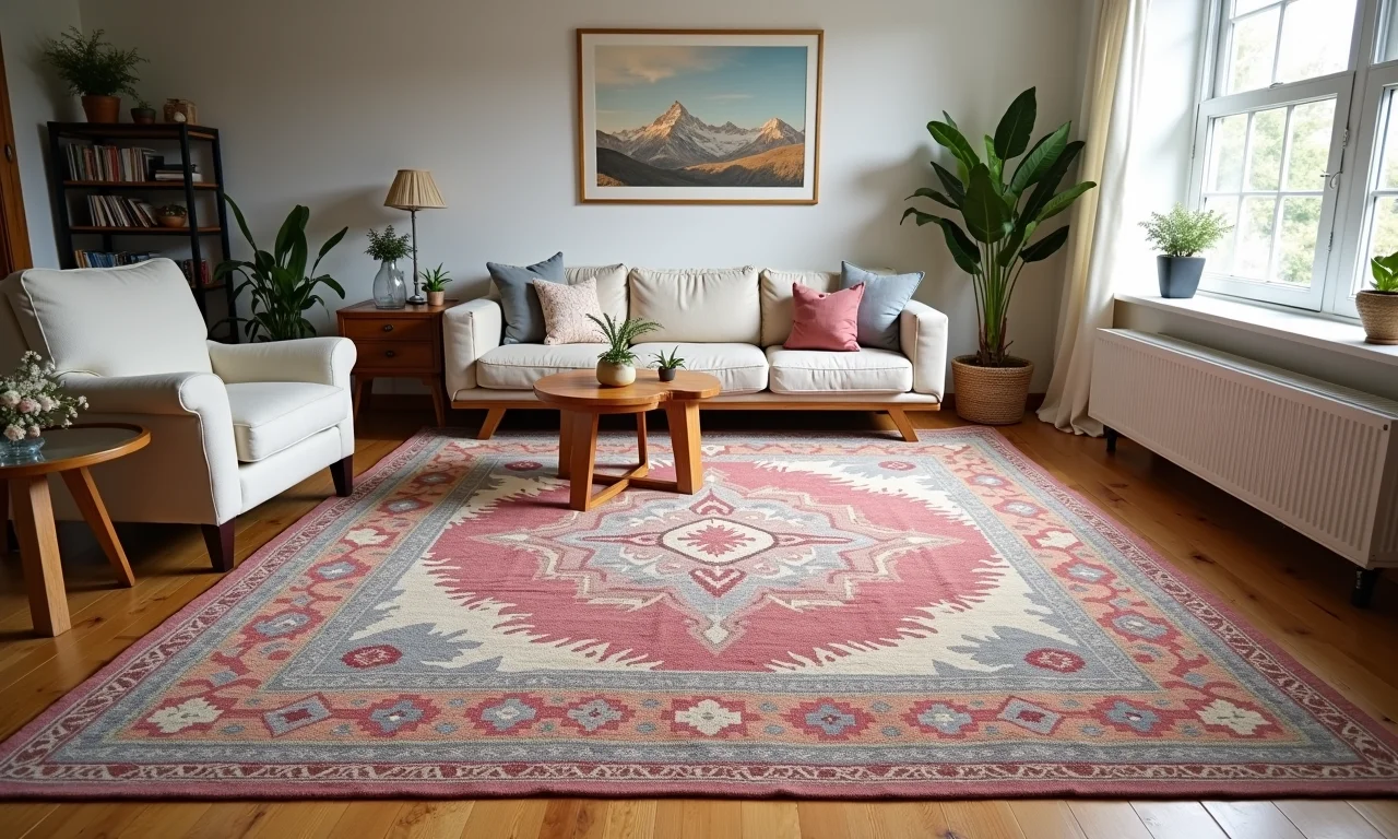 Tapete boho grande, ideal para o tamanho da sala de estar espaçosa.