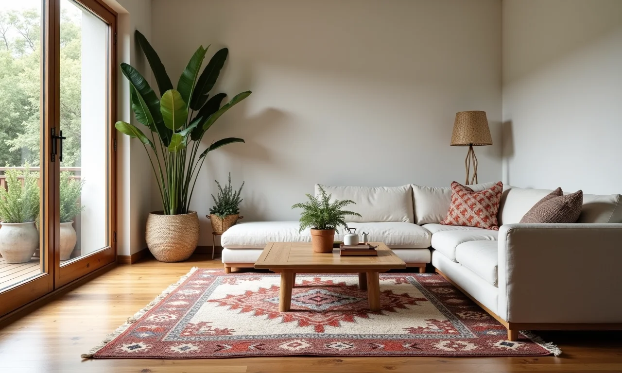 Tapete boho proporcional ao tamanho da sala, criando harmonia no ambiente.