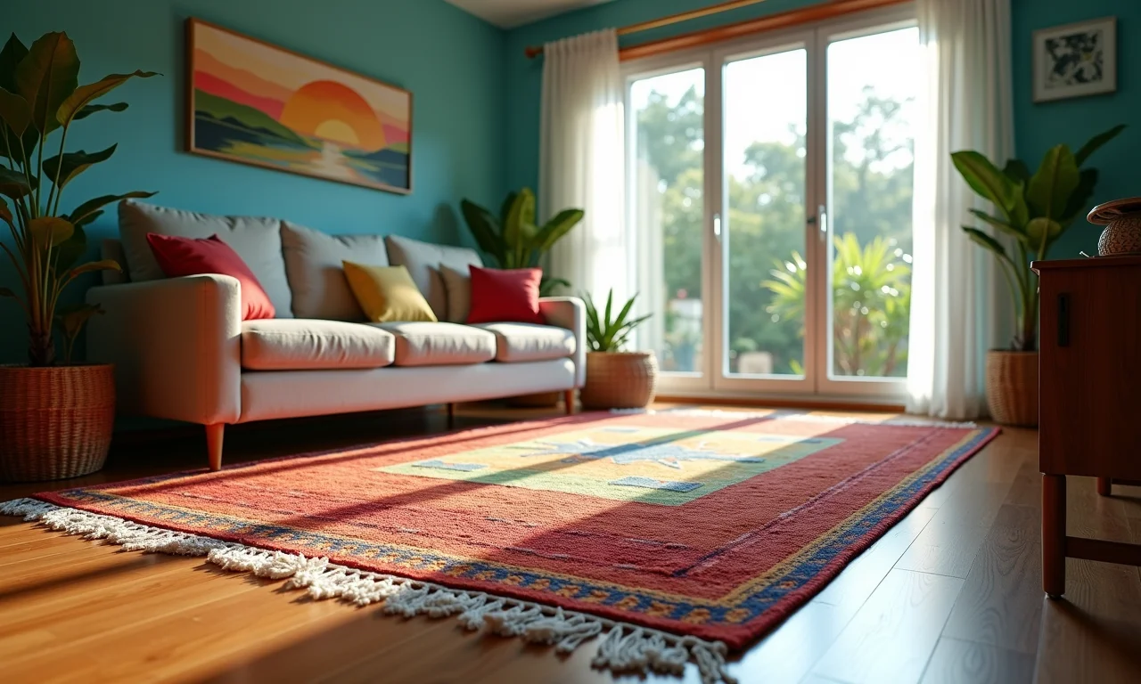 Tapete colorido sobre piso laminado, abafando o som em sala decorada.