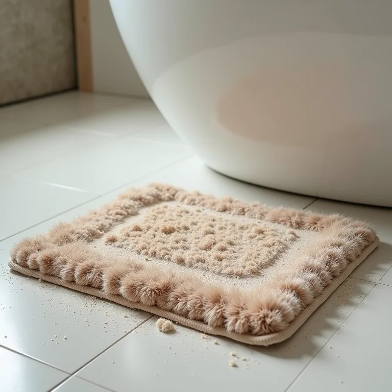 Tapete de banheiro sujo e mal conservado.