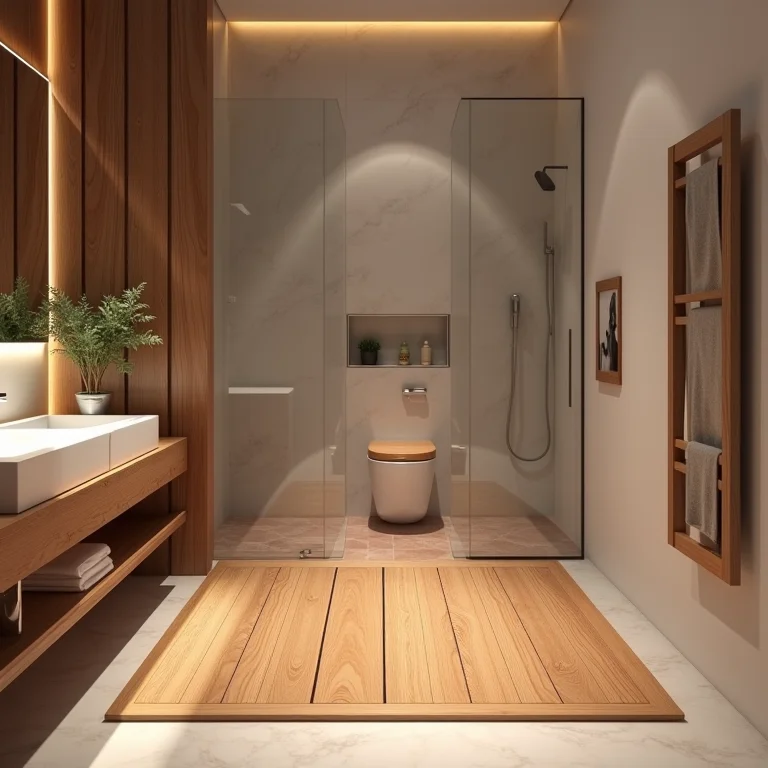 Tapete de madeira Cumaru adicionando um toque de calor ao banheiro.