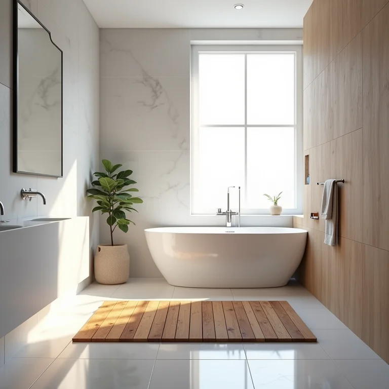 Tapete de madeira Ipê, conhecido pela durabilidade, em um banheiro moderno.