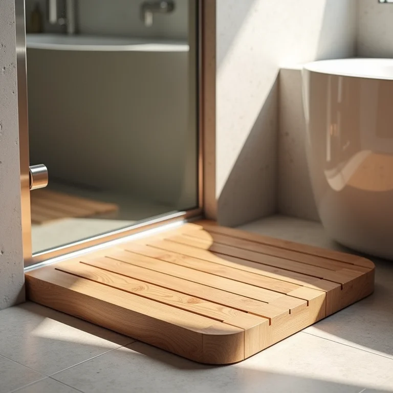 Tapete de madeira teca em um banheiro moderno e elegante.