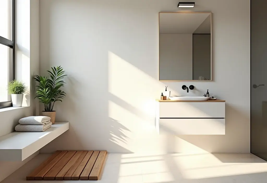 Tapete de madeira teca em um banheiro moderno e luxuoso.