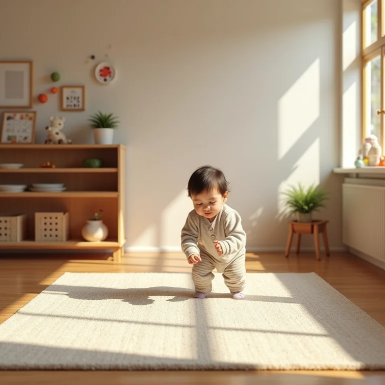 Tapete escorregadio em um quarto montessoriano, causando risco de queda.