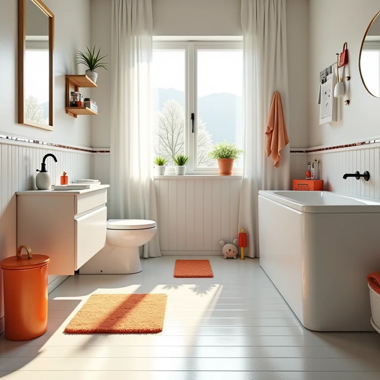 Tapetes escorregadios e objetos perigosos em um banheiro infantil, representando riscos para as crianças.