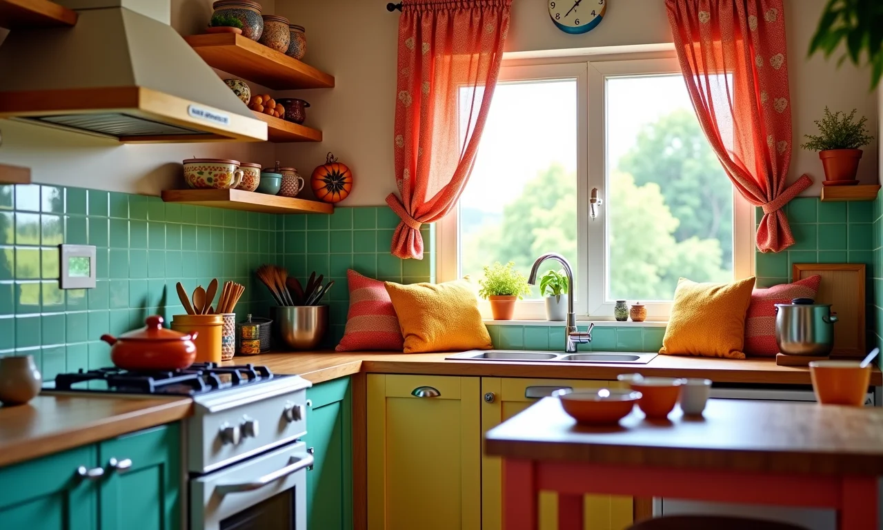 Tecidos leves e coloridos, alegria em cada detalhe da cozinha.