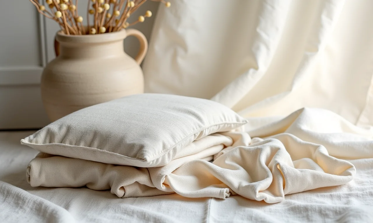 Tecidos naturais e texturas rústicas em um ambiente wabi-sabi.