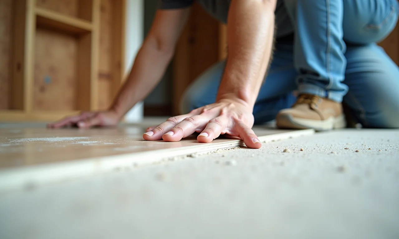 Técnico nivelando contrapiso para instalação de piso laminado silencioso.