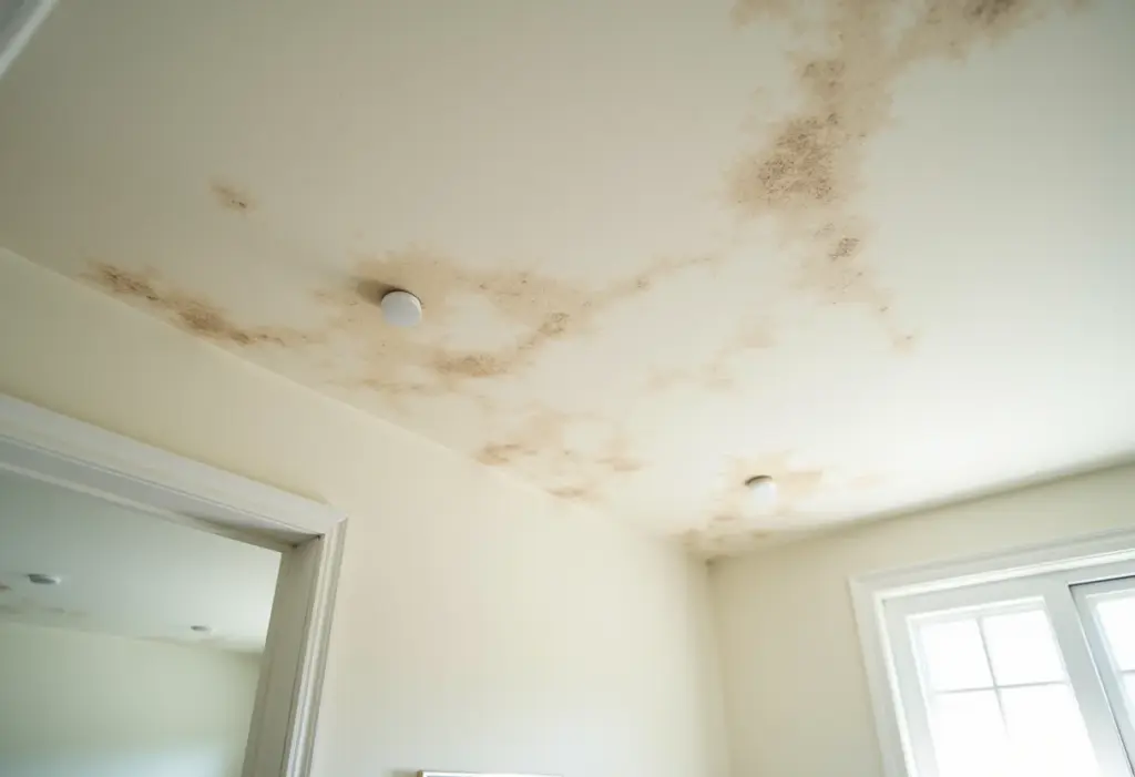 Teto de banheiro com mofo visível, foco na umidade e problema