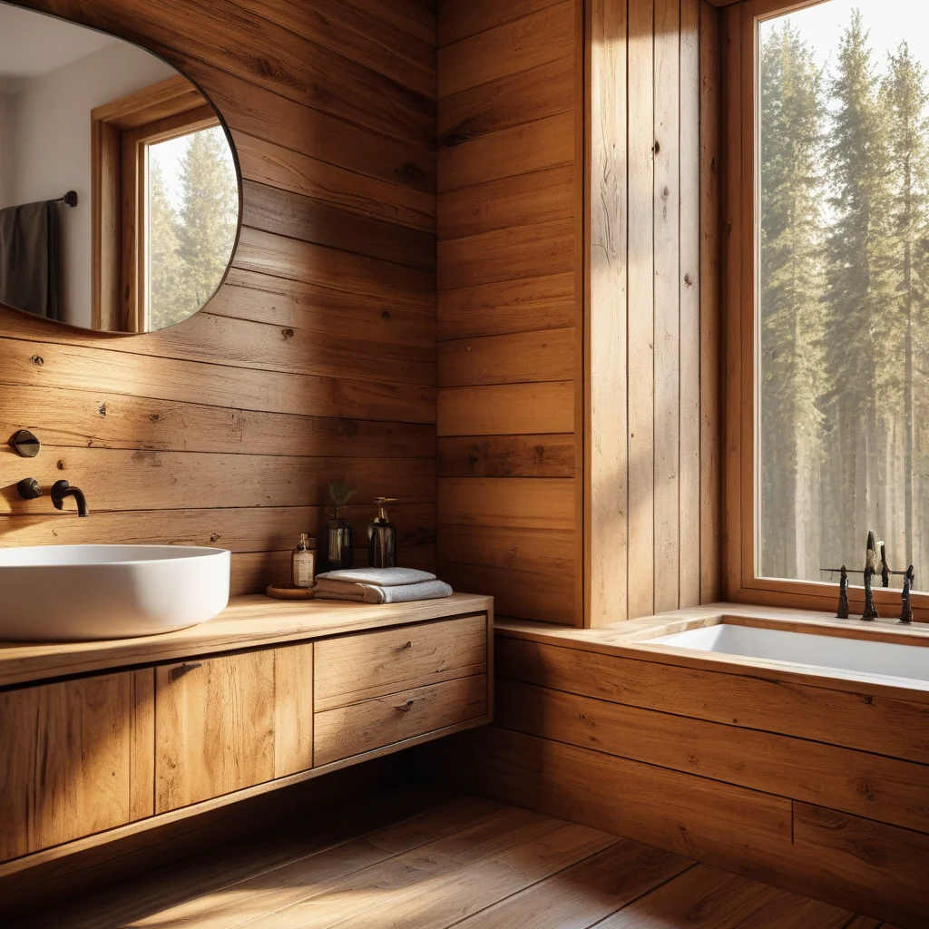 Textura da madeira em um banheiro rústico, irradiando calor e aconchego.