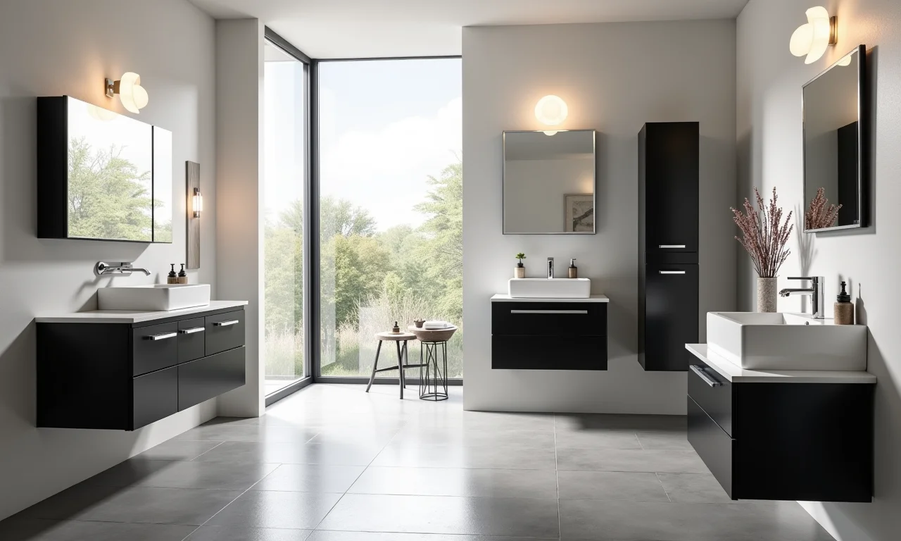 Tipos de gabinete preto para banheiro: suspenso, de chão e de canto.