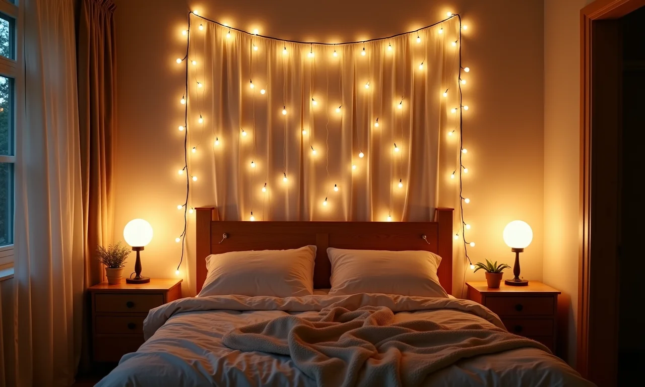 Tipos de luzes para quarto boho chic: string lights, fairy lights e abajures.