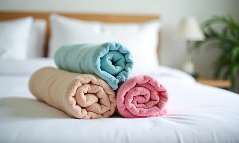 Toalhas brancas dobradas artisticamente sobre uma cama, exibindo técnicas de dobras de hotel.