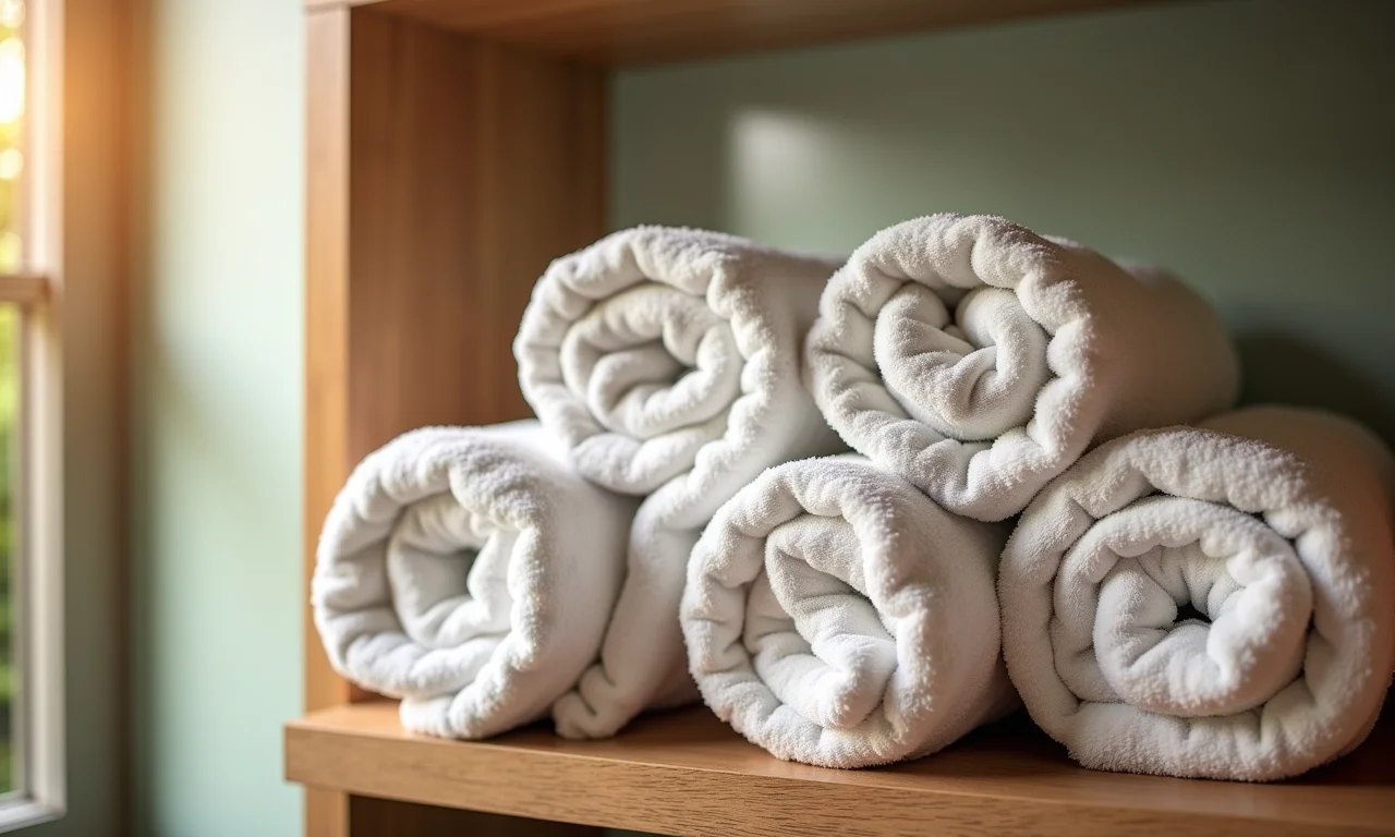 Toalhas dobradas com carinho em prateleira de banheiro.