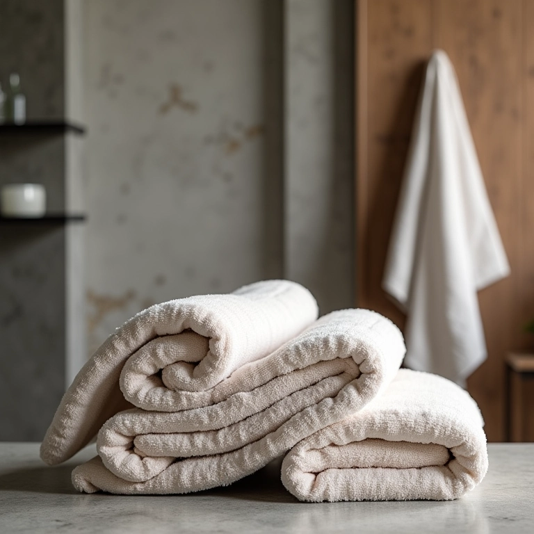 Toalhas macias e felpudas em banheiro rústico.