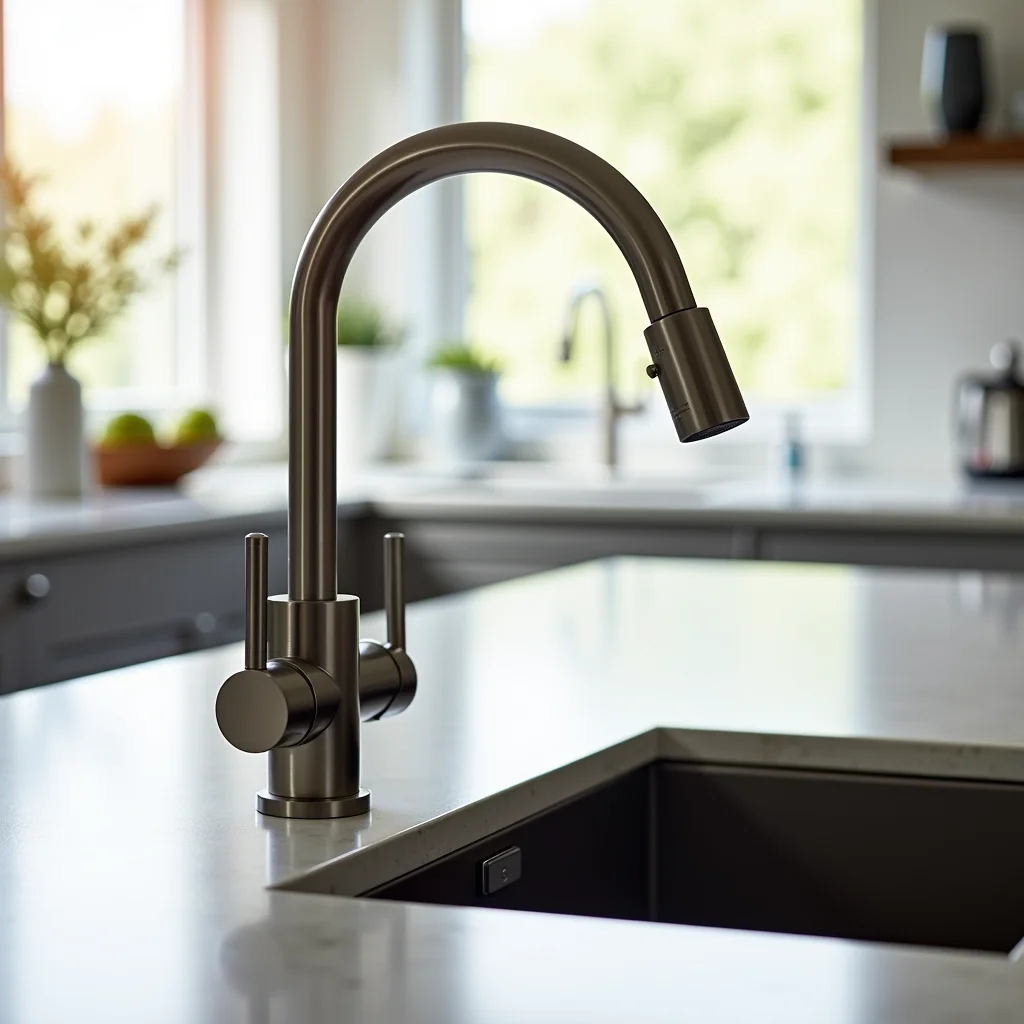 Torneira com filtro de bancada em cozinha iluminada.