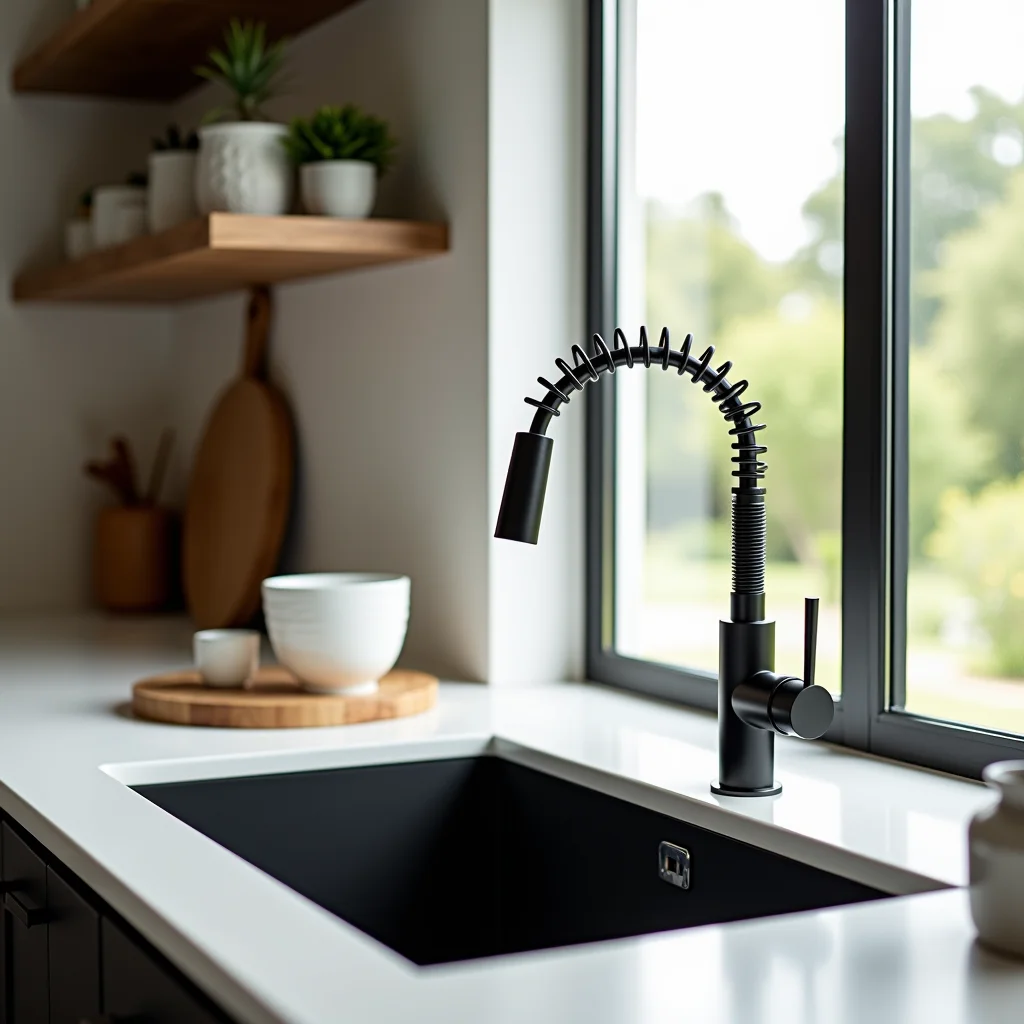 Torneira com filtro de parede em cozinha moderna.