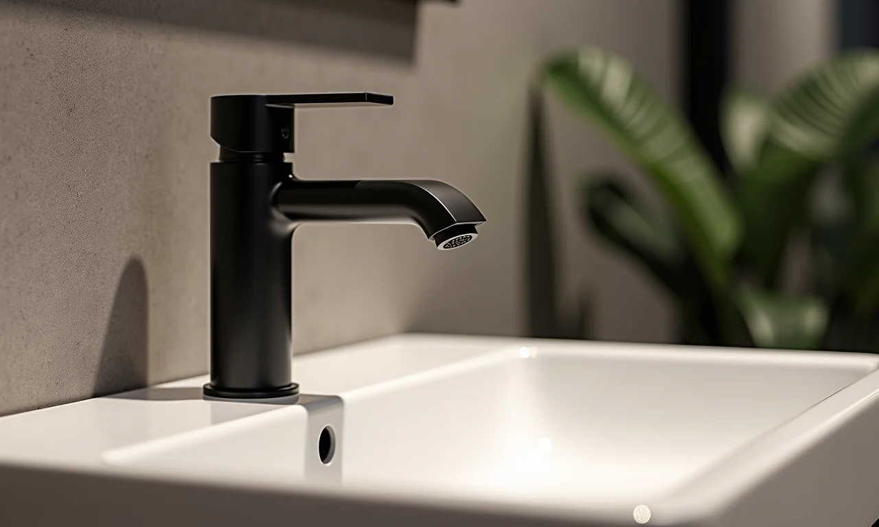 Torneira preta de alta durabilidade em pia de banheiro