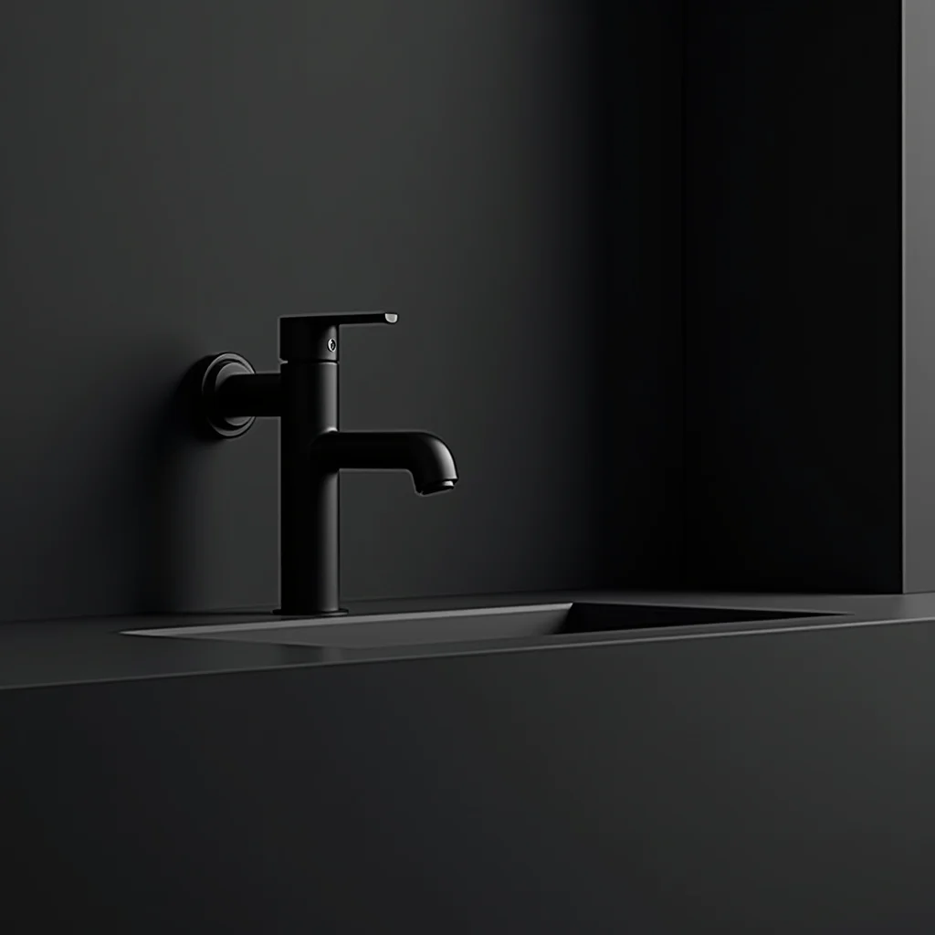 Torneira preta elegante e pia minimalista em banheiro moderno.