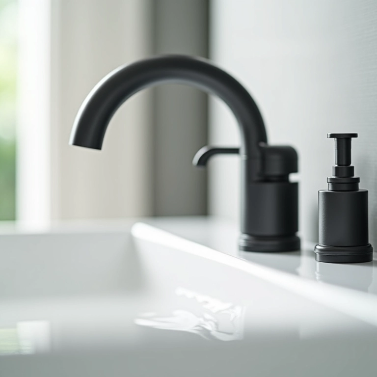 Torneira preta matte em banheiro moderno.