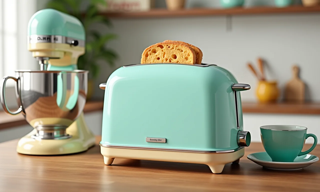 Torradeira e batedeira retrô em cores pastel.