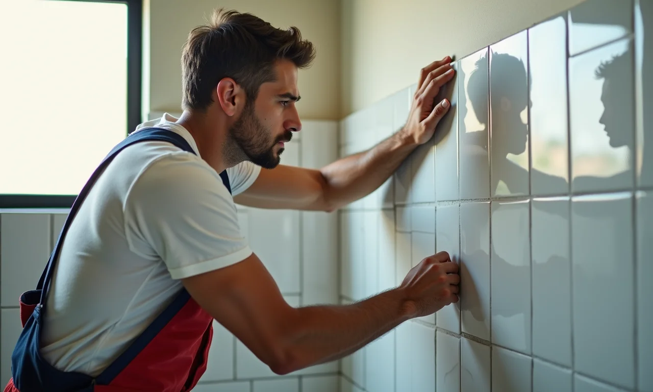 Trabalhador instalando azulejos em um banheiro, mostrando a importância da mão de obra qualificada.