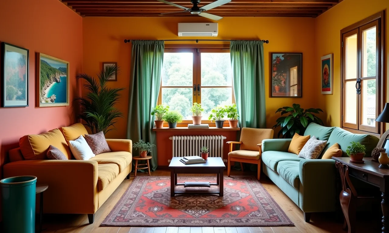 Transformação de apartamento pequeno com paredes coloridas e móveis vintage.