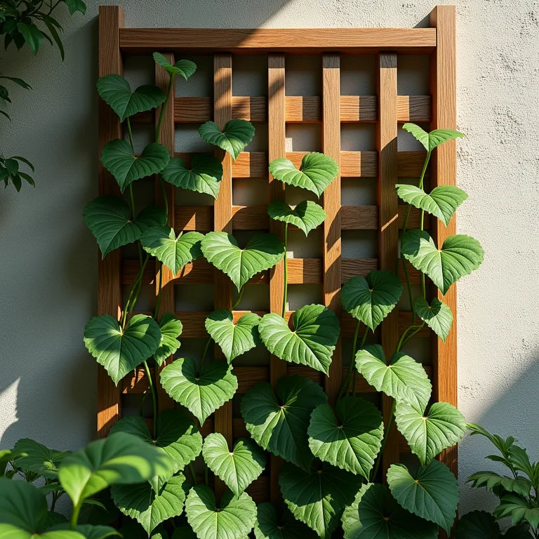 Treliça de madeira com plantas trepadeiras.