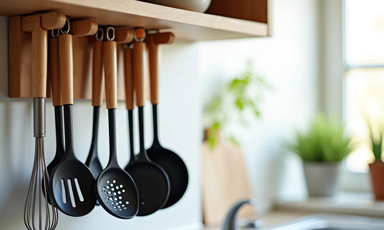 Utensílios à vista, práticos e decorativos na cozinha.