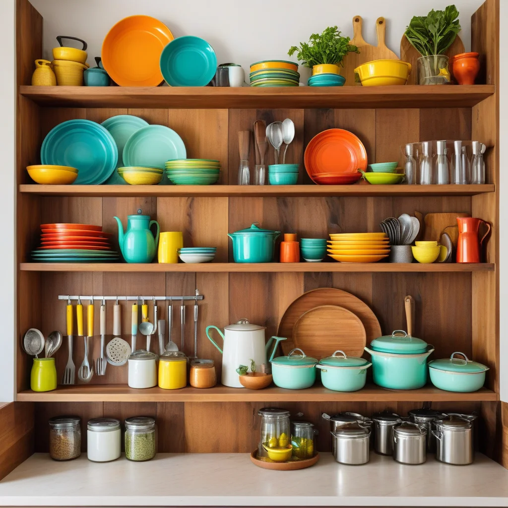 Utensílios de cozinha organizados em prateleiras abertas