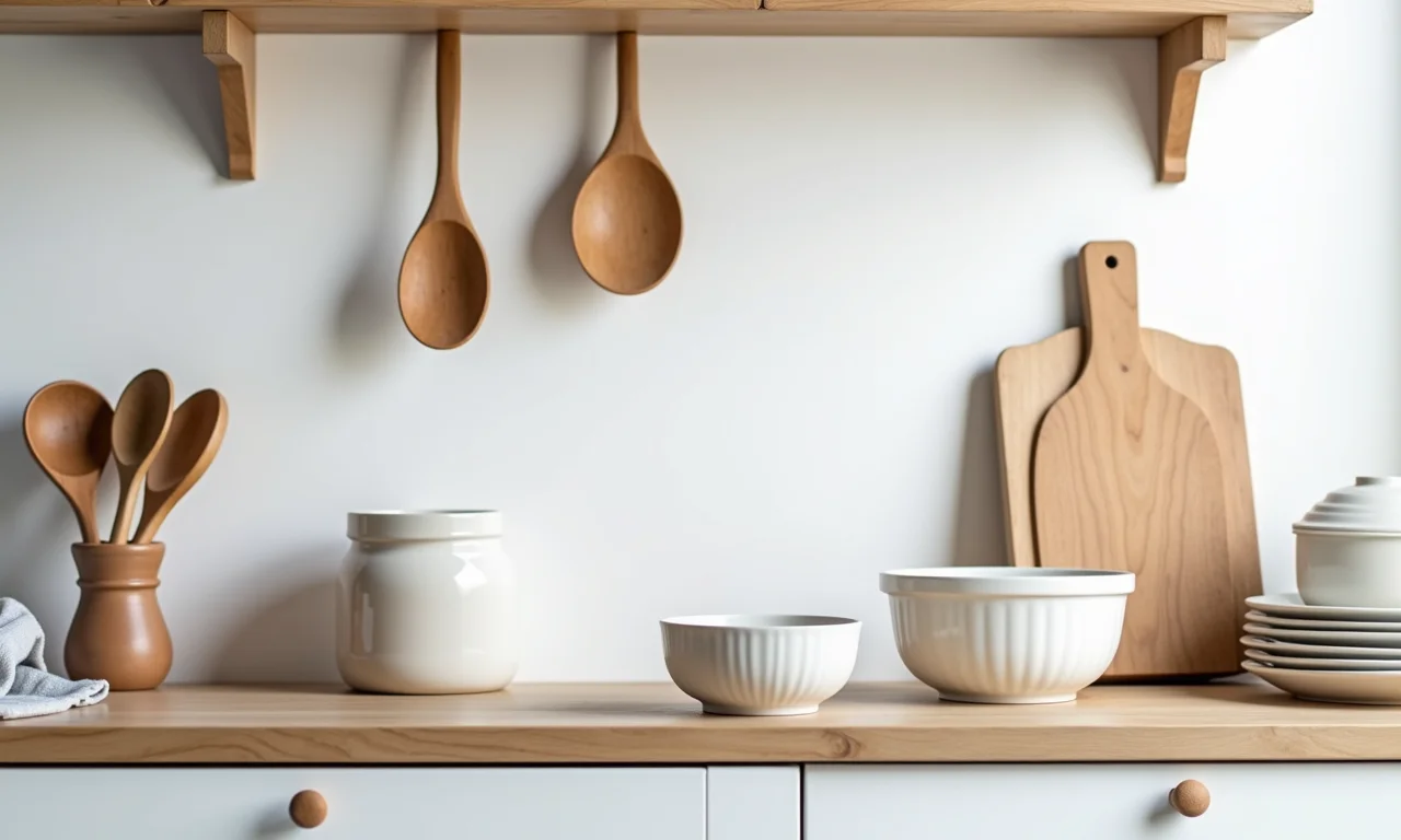 Utensílios e acessórios funcionais em uma cozinha escandinava, priorizando a praticidade.