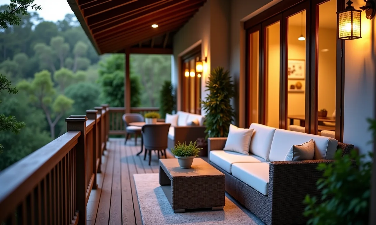 Varanda com arandelas proporcionando luz ambiente e relaxamento.