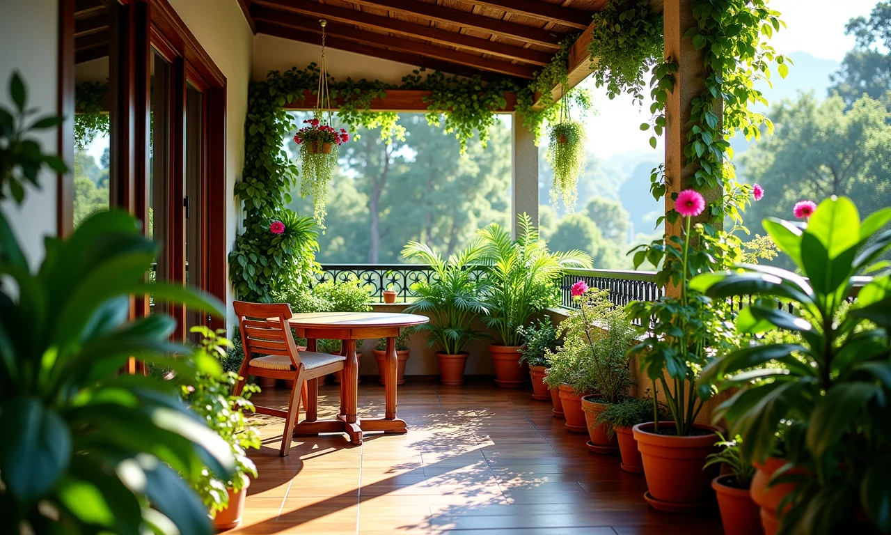 Varanda com plantas transformando o home office em um oásis verde.