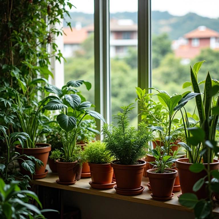 Varanda de apartamento brasileira cheia de vasos de plantas diversos.