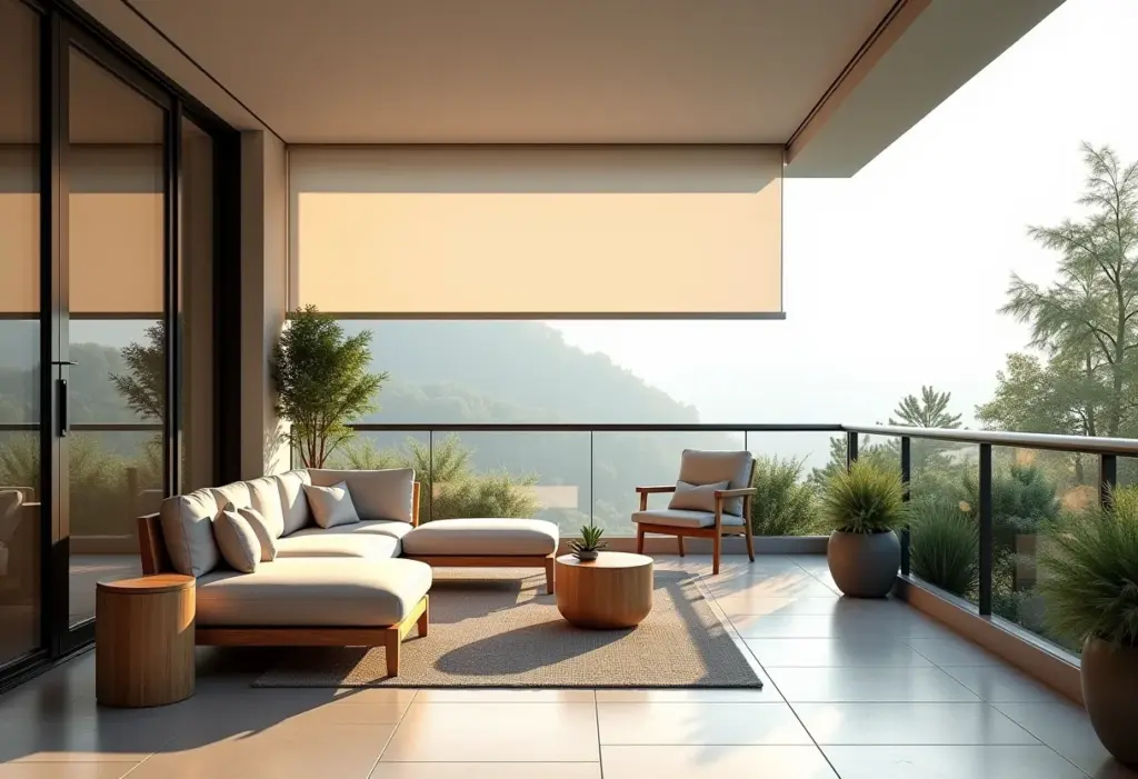 Varanda gourmet com cortina rolô parcialmente abaixada.