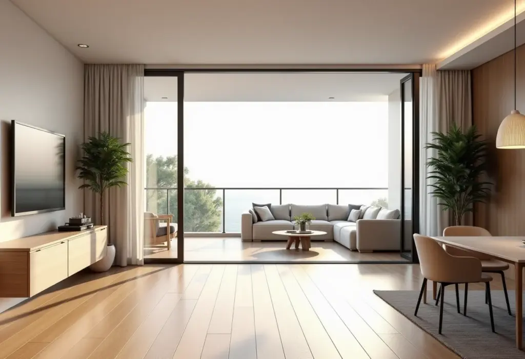 Varanda integrada com sala de estar, design moderno e iluminação natural